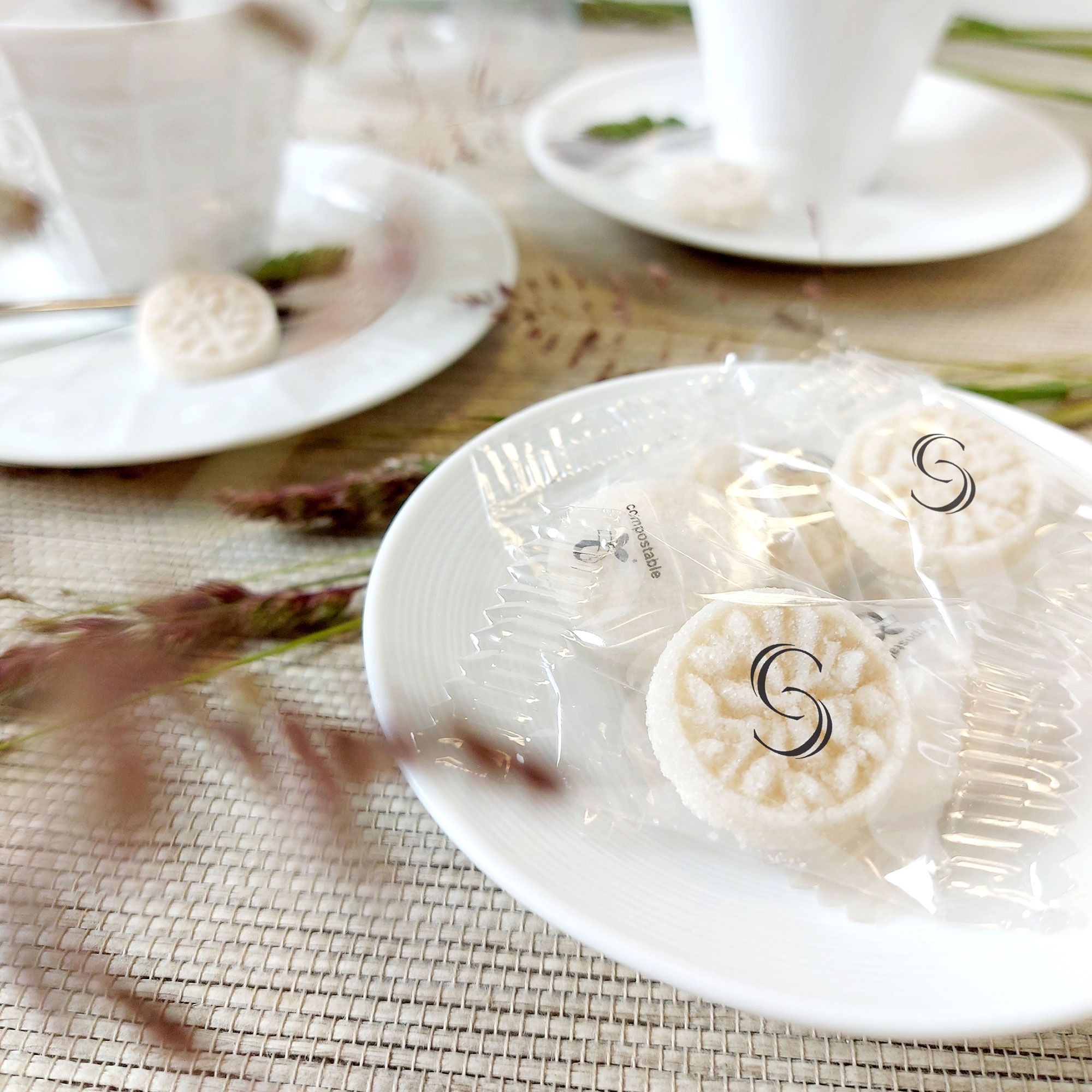 Organic sugars individually wrapped in compostable film