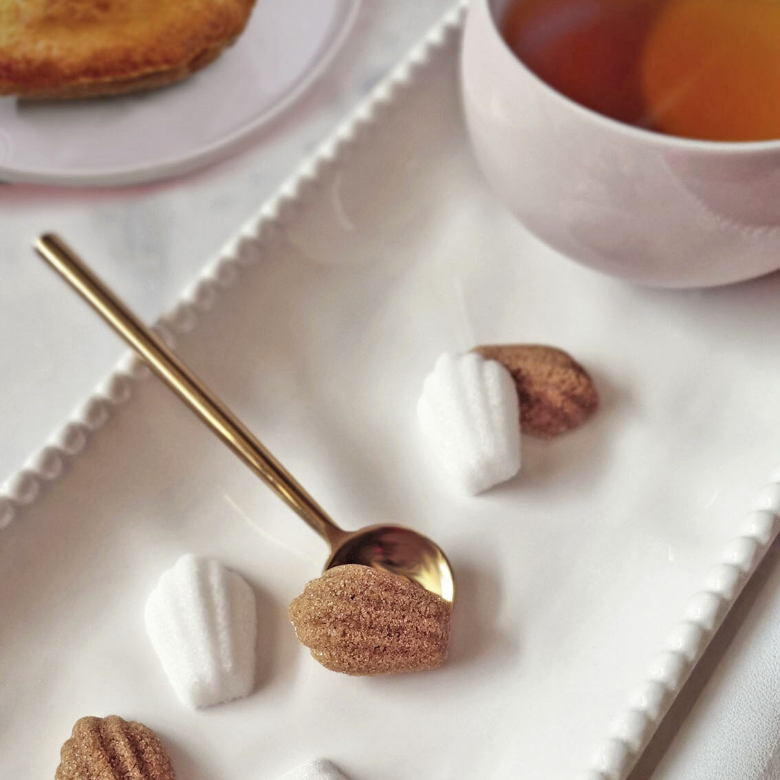 sucres en forme de madeleine, blanc et roux, présentés sur un plateau